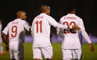 aniel Sturridge of England is congratulated by team mates Jermain Defoe and Ashley Young after scoring during the FIFA 2014 World Cup Qualifier Group H match between San Marino and England at Serravalle Stadium on March 22, 2013